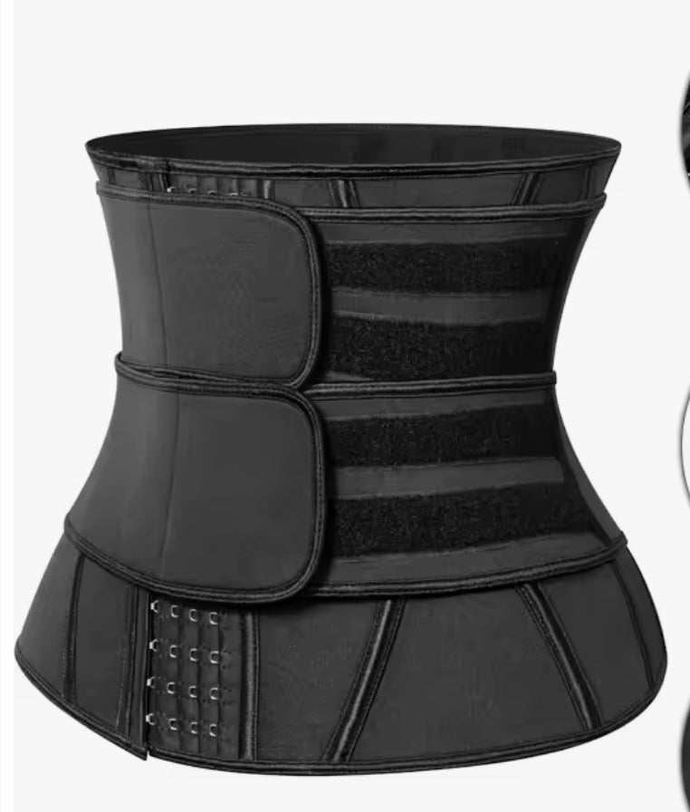 Black neoprene waist trainer sweat belt with adjustable straps and hook closures for slimming and shaping.