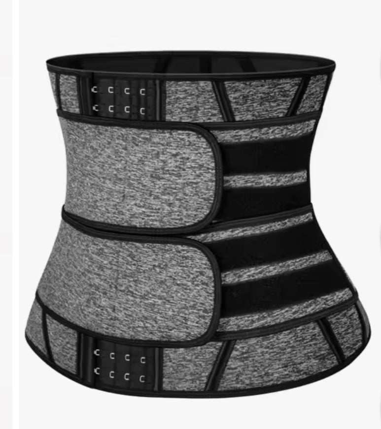Gray neoprene waist trainer sweat belt for women with adjustable hooks and slimming body shaper design