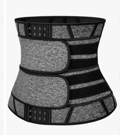 Gray neoprene waist trainer sweat belt for women with adjustable hooks and slimming body shaper design