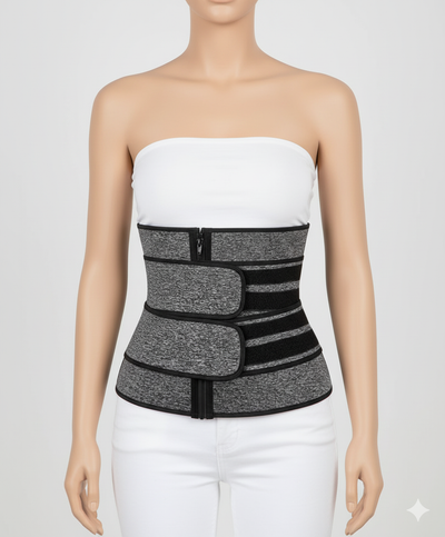 Women wearing gray neoprene waist trainer sweat belt for slimming and waist shaping