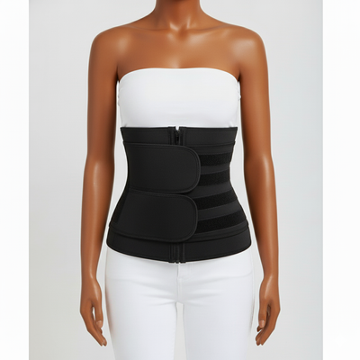 Black neoprene waist trainer sweat belt for women, slimming body shaper with adjustable heat and compression