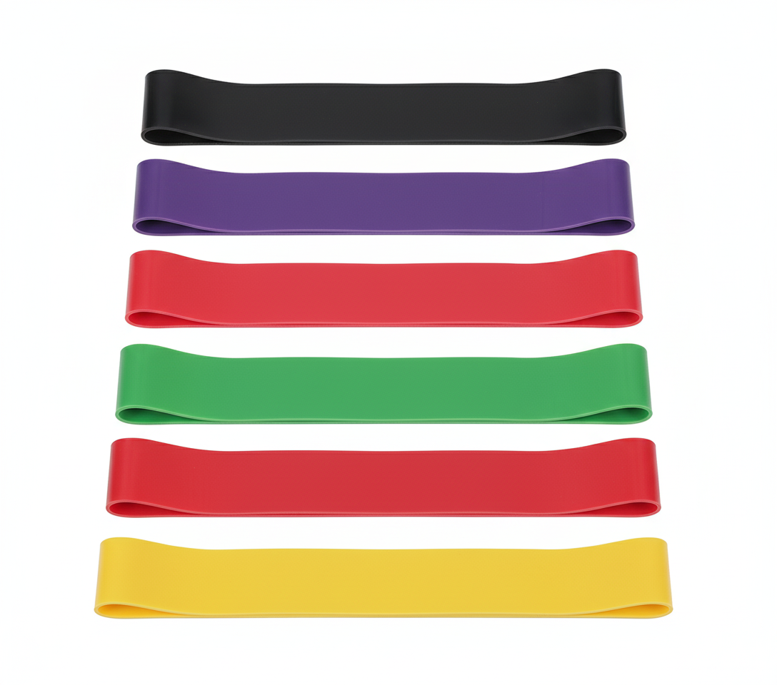 Set of six colorful heavy-duty resistance bands for strength training and pull-up assistance