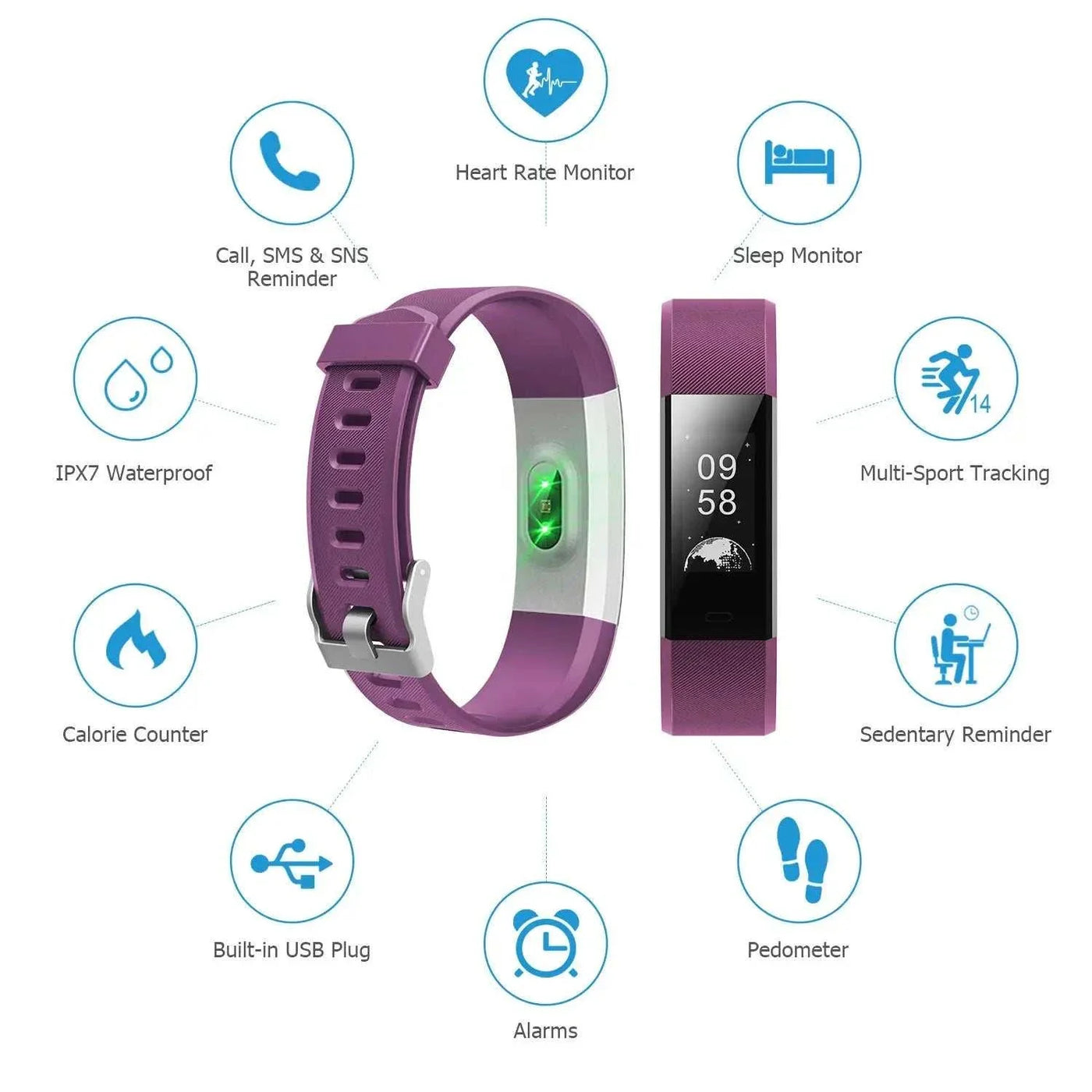 Smart sports bracelet with heart rate, sleep monitor, multi-sport tracking, pedometer, calorie counter, IPX7 waterproof, call and SMS reminder, sedentary alert, and built-in USB plug.