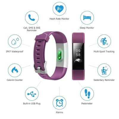 Smart sports bracelet with heart rate, sleep monitor, multi-sport tracking, pedometer, calorie counter, IPX7 waterproof, call and SMS reminder, sedentary alert, and built-in USB plug.