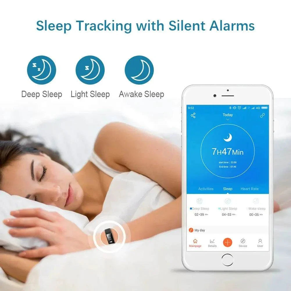 Smart sports bracelet showing sleep tracking and silent alarms with app interface on smartphone