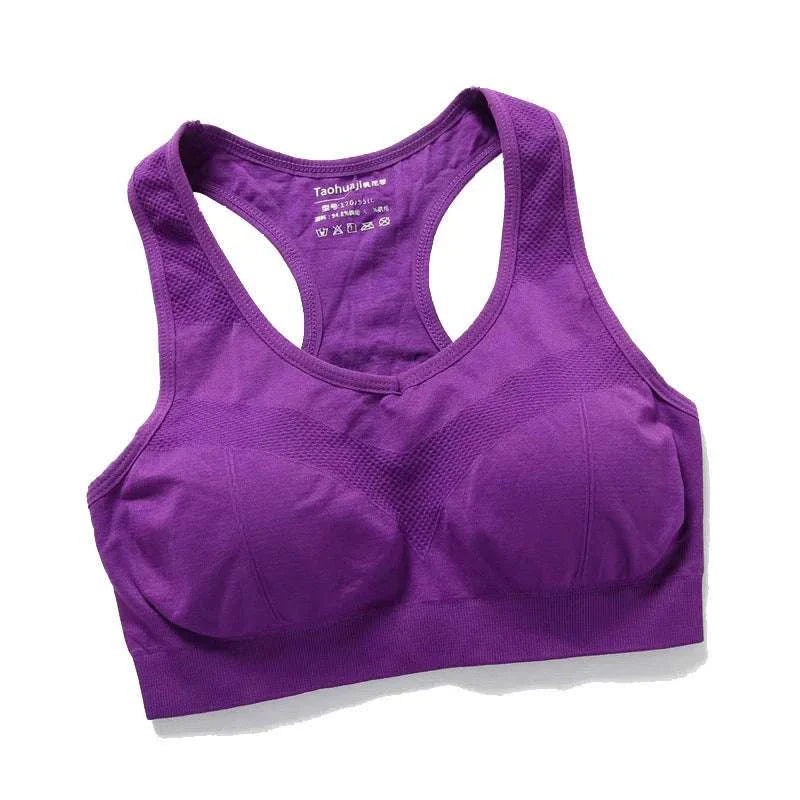 Purple seamless women sports bra with push-up support and breathable racerback design
