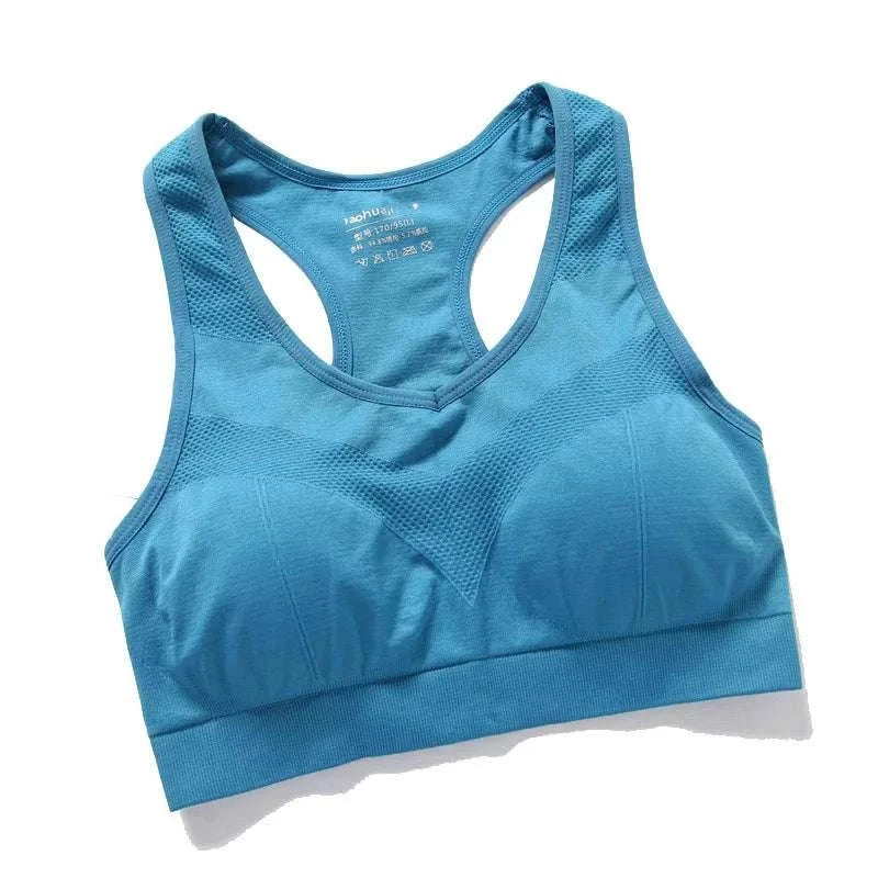 Blue seamless breathable women sports bra with push-up and wire-free support for gym workouts