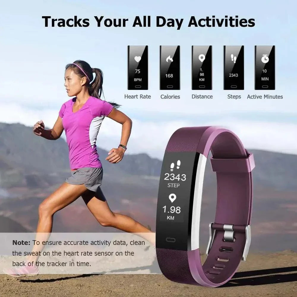 Smart Sports Bracelet with heart rate, calories, distance, steps, and active minutes tracking showing purple wearable on runner's wrist