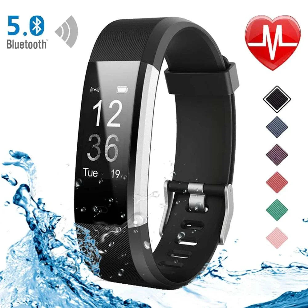 Black smart sports bracelet with heart rate monitor, step tracker, and waterproof design