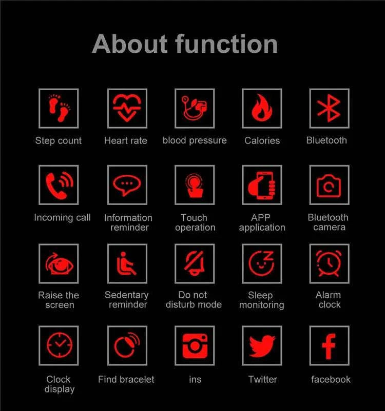 Smart sports bracelet with heart rate, blood pressure, step count, calories, sleep monitoring, Bluetooth, and app support features.