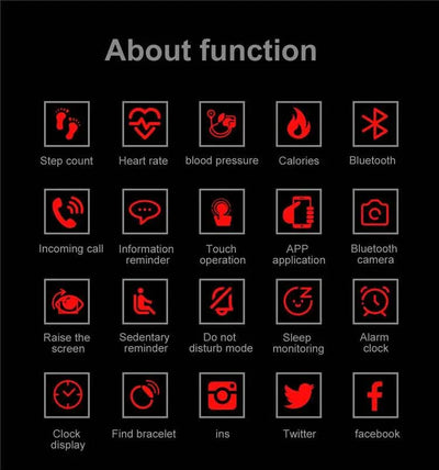 Smart sports bracelet with heart rate, blood pressure, step count, calories, sleep monitoring, Bluetooth, and app support features.