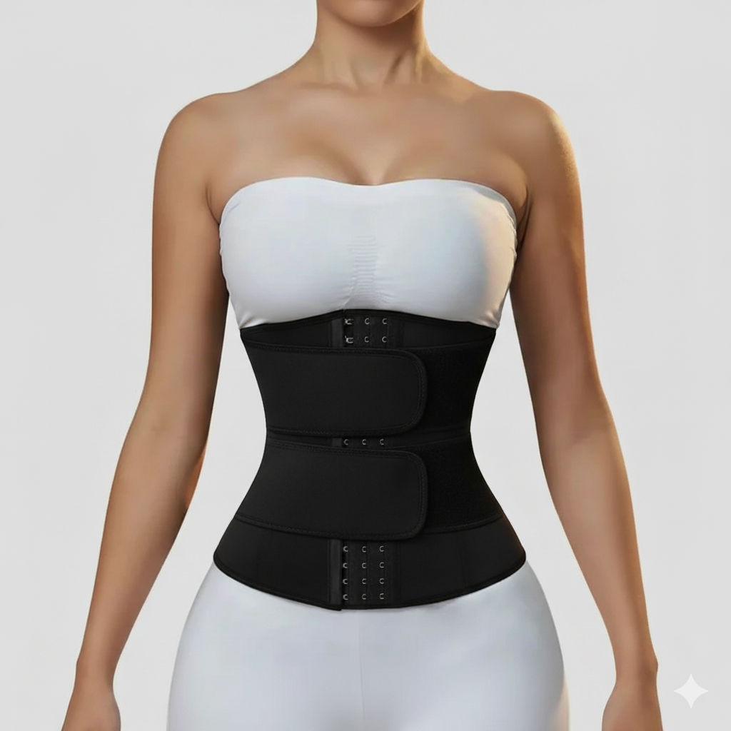 Woman wearing black neoprene waist trainer sweat belt for slimming and shaping waist