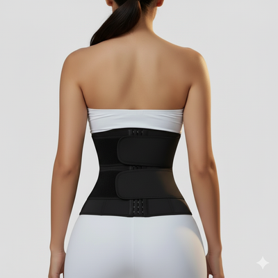 Woman wearing black neoprene waist trainer sweat belt for slimming and waist shaping