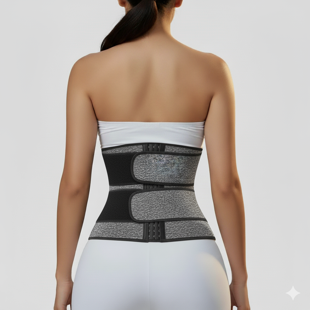 Woman wearing black and gray neoprene waist trainer sweat belt for slimming and waist shaping