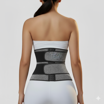 Woman wearing black and gray neoprene waist trainer sweat belt for slimming and waist shaping