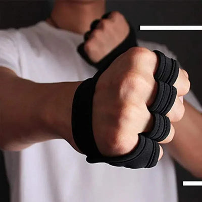 Black anti-slip weightlifting grips pads with fingerless design for palm protection and dumbbell lifting