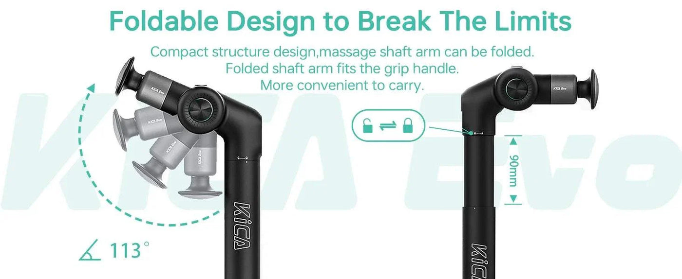 Portable fascia gun with foldable adjustable arm and compact design for deep tissue muscle massage and recovery.