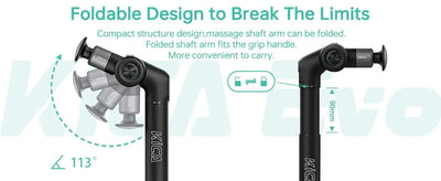 Portable fascia gun with foldable adjustable arm and compact design for deep tissue muscle massage and recovery.