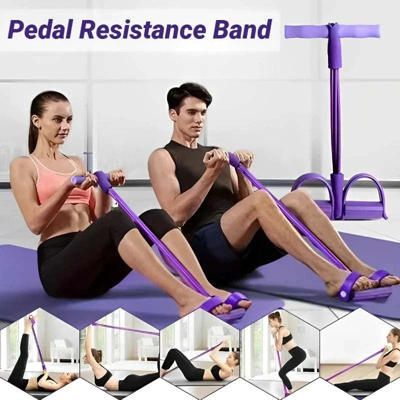 Four-tube pedal tensioner resistance band for home workout and ab training with adjustable pedal straps
