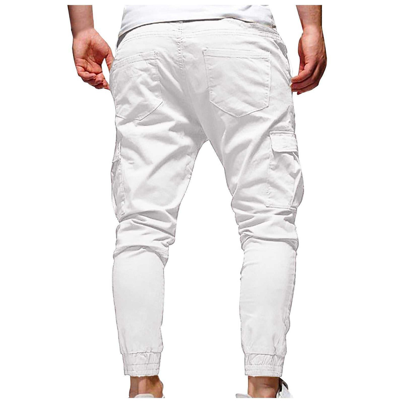 Men's outdoor white waterproof hiking pants with drawstring and pockets for camping summer hiking