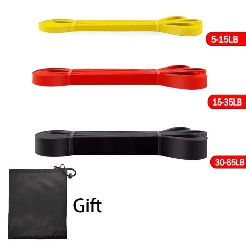 Set of three heavy-duty resistance bands in yellow, red, and black with varying pull-up assist weights, including a black storage pouch gift.