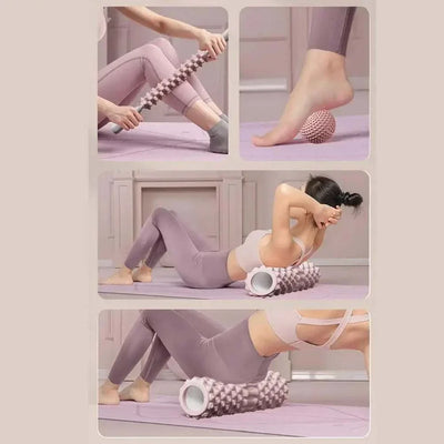 Foam muscle massage rollers used for stretching, muscle recovery, and fitness exercises on legs, back, and feet.
