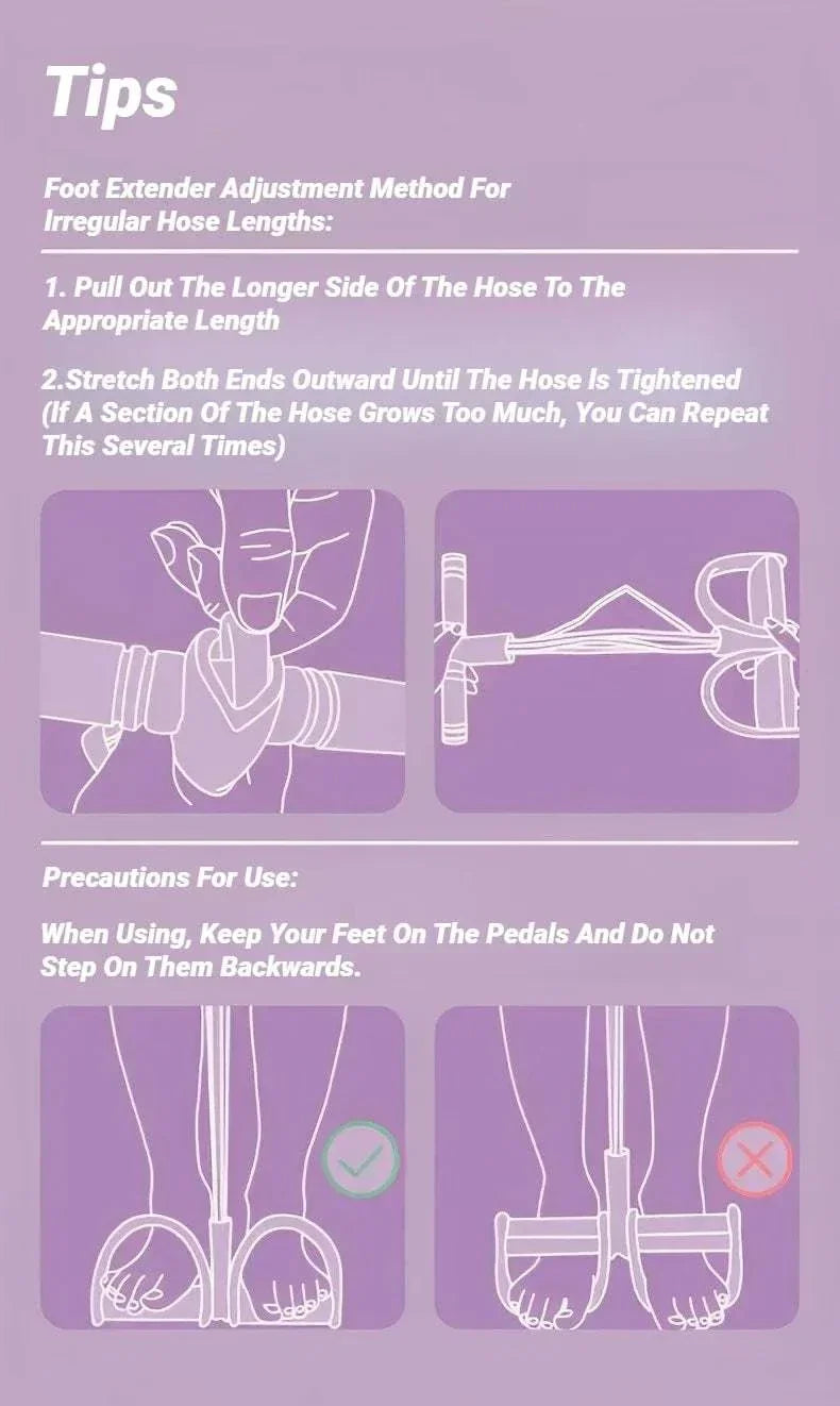 Four-tube pedal tensioner resistance band with foot extender adjustment for home workout and ab training