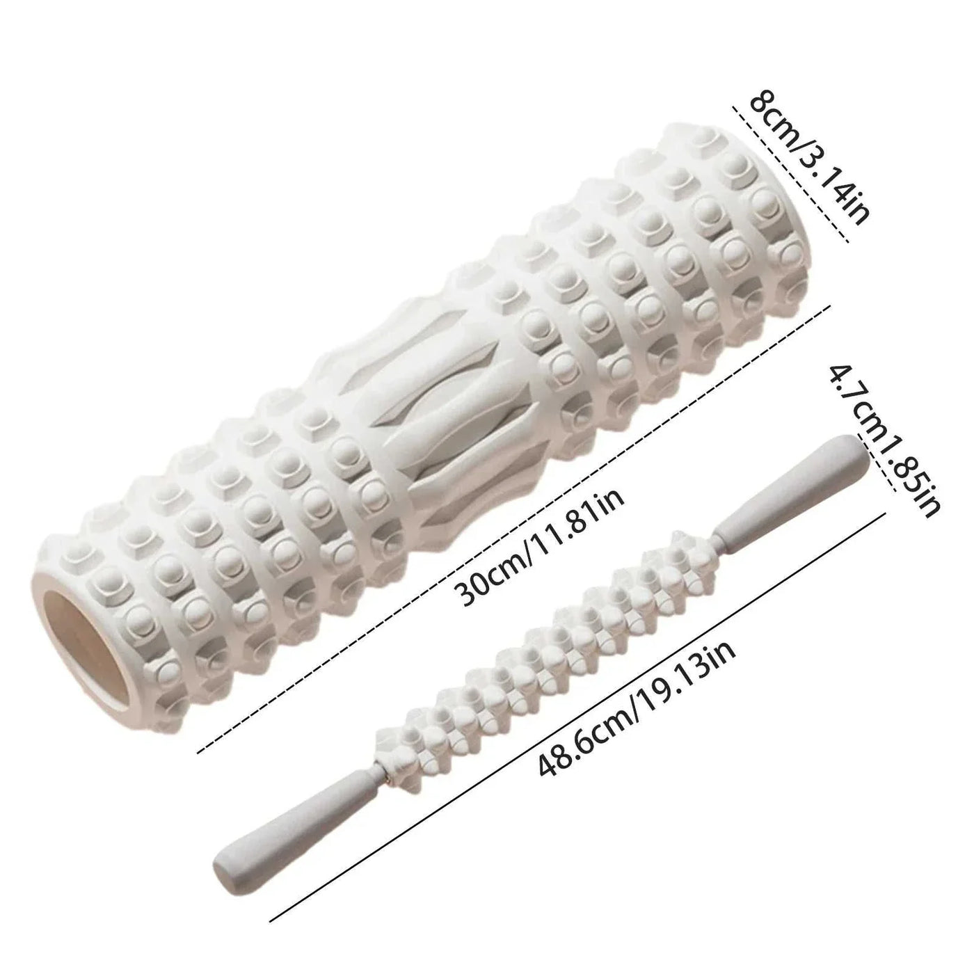 White high-density foam muscle massage rollers with textured surface and detailed dimensions for body recovery and fitness.