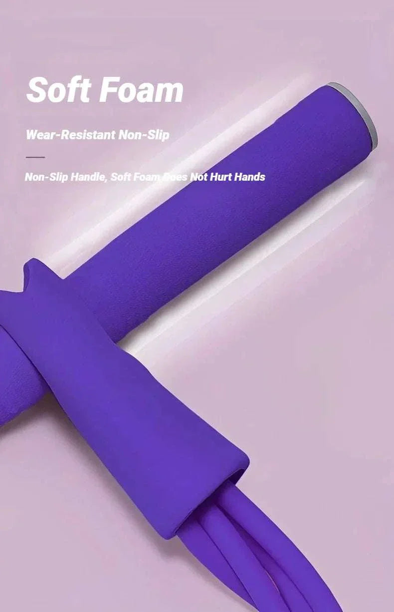 Purple four-tube pedal tensioner with soft foam non-slip handle for home workout resistance band