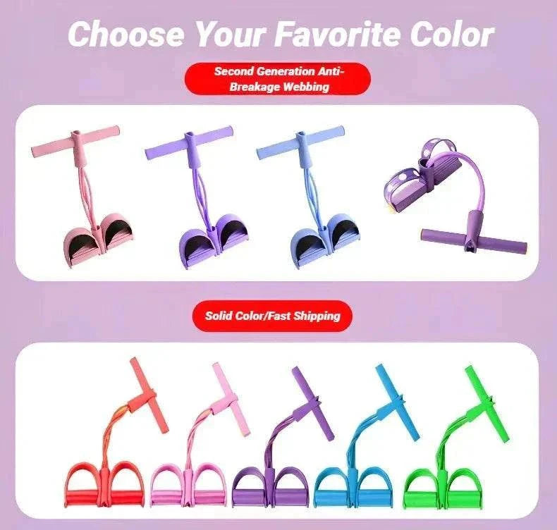 Four-tube pedal tensioner resistance bands in various colors for home workout and strength training