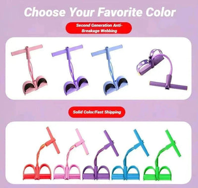 Four-tube pedal tensioner resistance bands in various colors for home workout and strength training