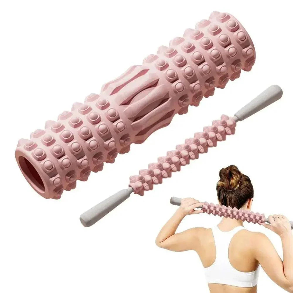 Pink high density foam muscle massage roller and stick for body recovery and stretching