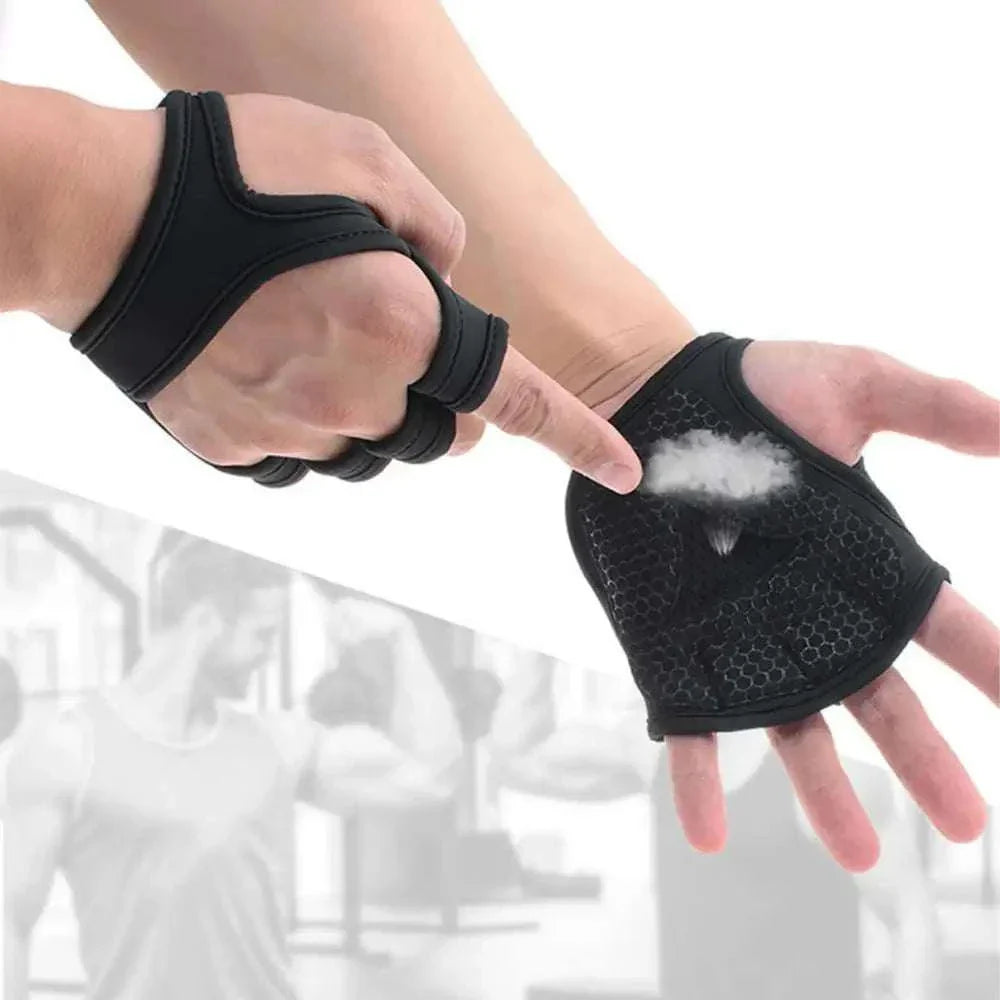Black anti-slip lifting palm dumbbell grips pads with fingerless design for gym hand protection