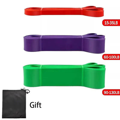 Heavy-duty resistance bands set with pull-up assist in red, purple, and green, including a black gift pouch for strength training