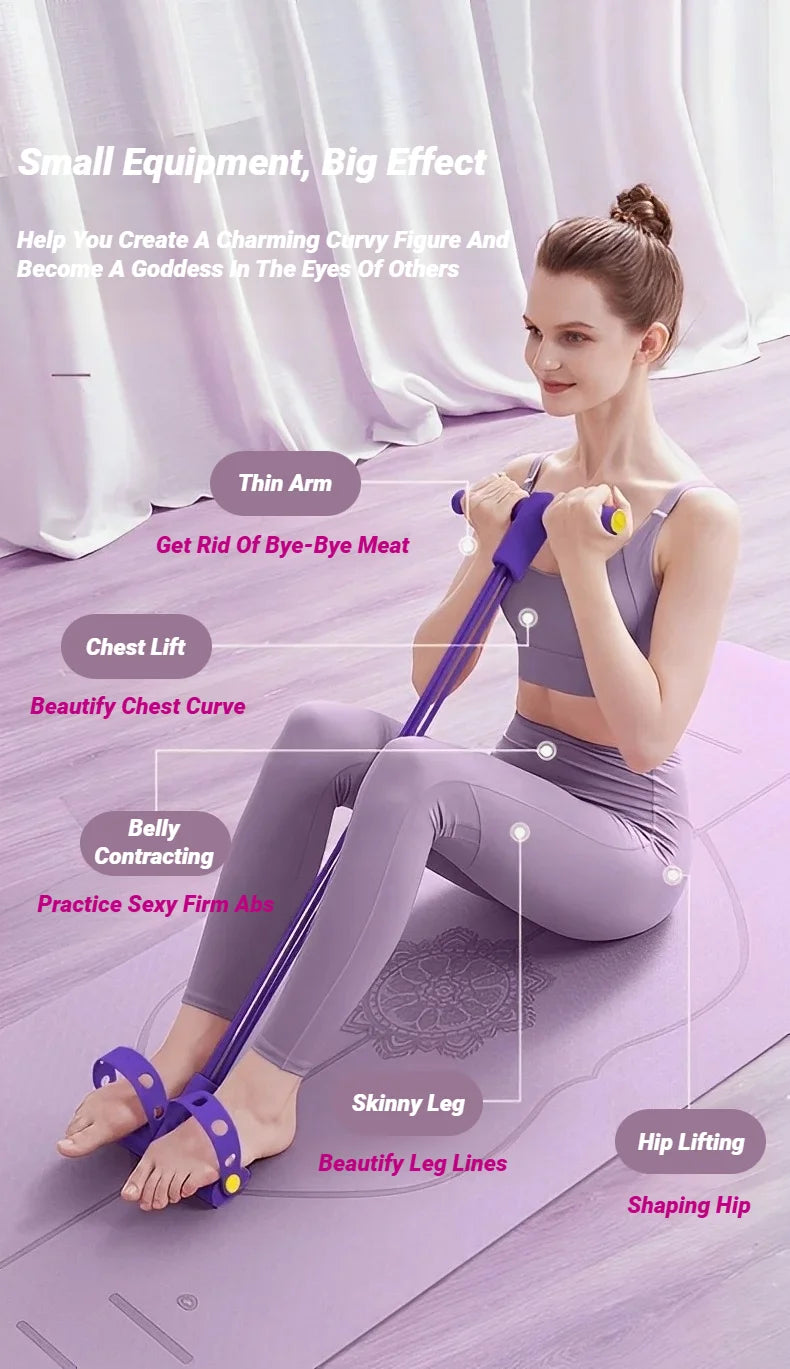 Four-tube pedal tensioner resistance band for home ab workout and full body toning.