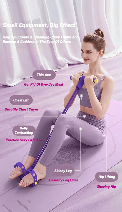 Four-tube pedal tensioner resistance band for home ab workout and full body toning.