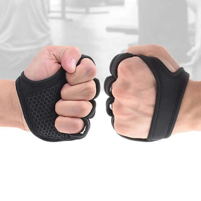 Black anti-slip lifting palm dumbbell grips for weightlifting with fingerless design and cushioned palm protection