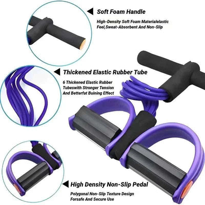 Four-tube pedal tensioner with soft foam handle, thickened elastic rubber tubes, and high-density non-slip pedal for home workout and ab training.