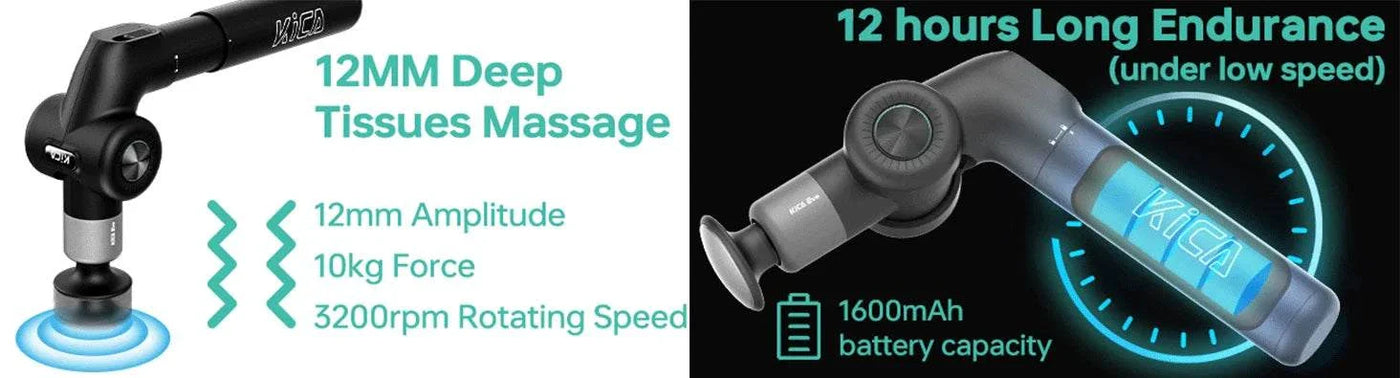 KiCA Portable Fascia Gun with 12mm deep tissue massage and 12-hour battery endurance