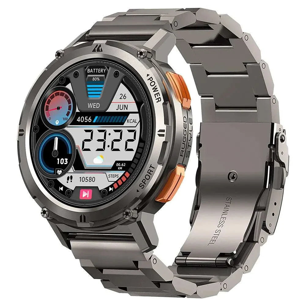 KOSPET TANK T2 rugged waterproof smartwatch with stainless steel strap, 1.43" AMOLED display, fitness tracking, and Bluetooth calling features