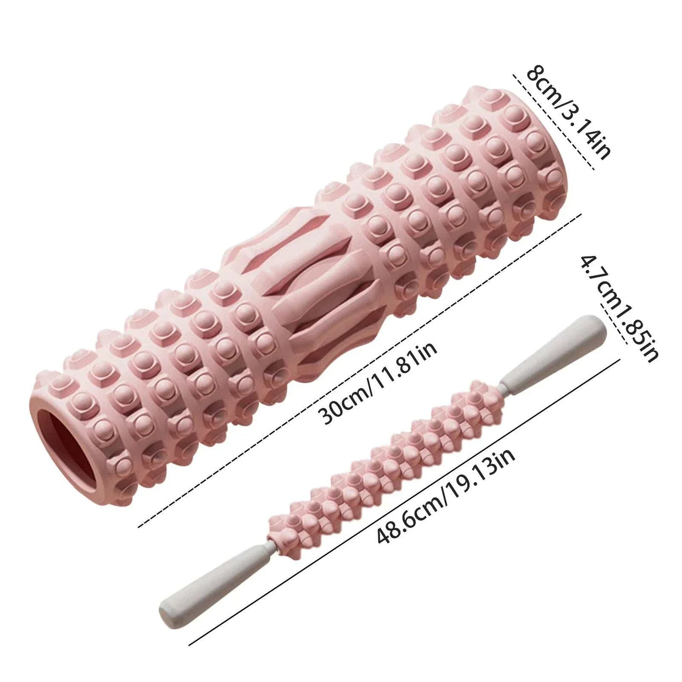 Pink high density foam muscle massage roller with textured surface and handle roller for body recovery and fitness therapy