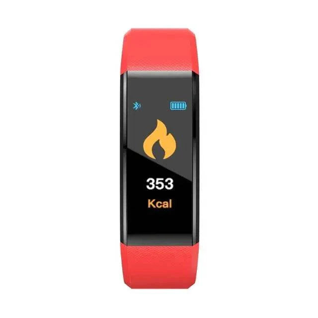 Red smart sports bracelet with digital calorie tracker and Bluetooth connectivity