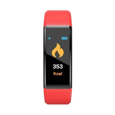 Red smart sports bracelet with digital calorie tracker and Bluetooth connectivity