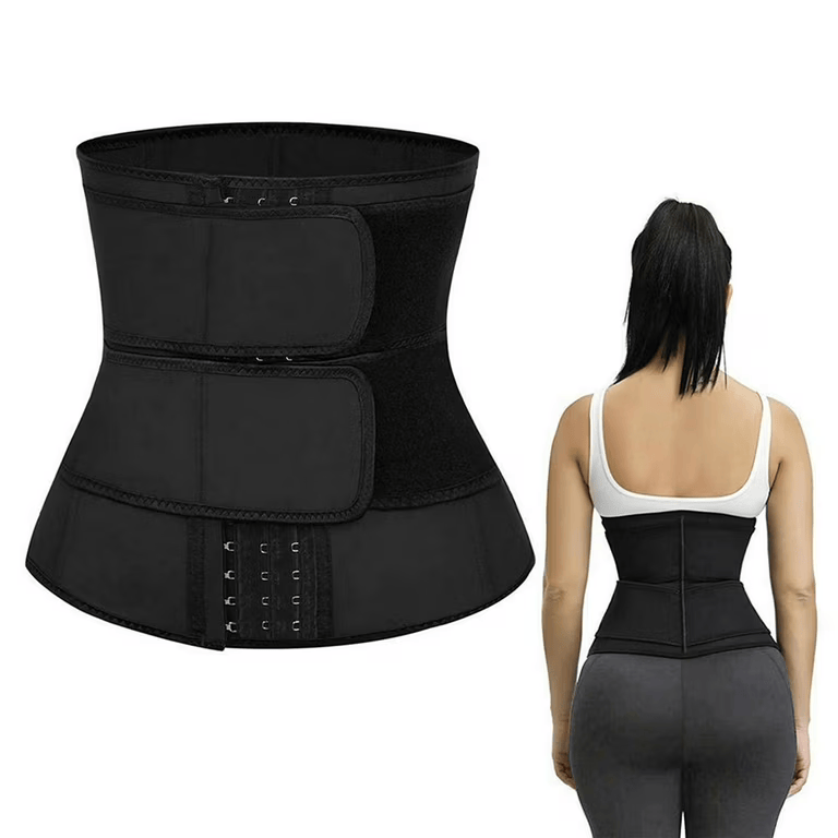 Black neoprene waist trainer belt for women with adjustable velcro and hook closure for slimming and shaping waist.