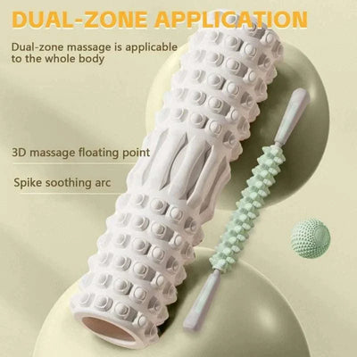 Dual-zone white foam muscle massage roller with 3D spikes and spike soothing arc for full body recovery and muscle relaxation.