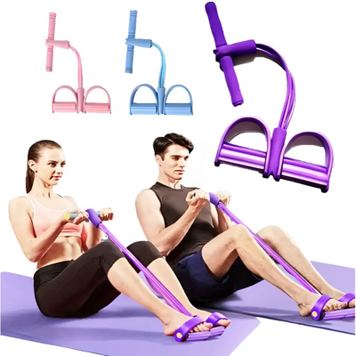 Four-tube pedal tensioner resistance band for home workout ab training in pink, blue, and purple colors with non-slip foam handles, used by man and woman on exercise mats