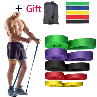 Set of multicolor heavy-duty resistance bands for strength training and pull-up assistance with carrying bag and man exercising with band