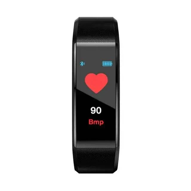 black smart sports bracelet with heart rate monitor and digital display showing 90 bpm