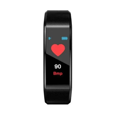 black smart sports bracelet with heart rate monitor and digital display showing 90 bpm