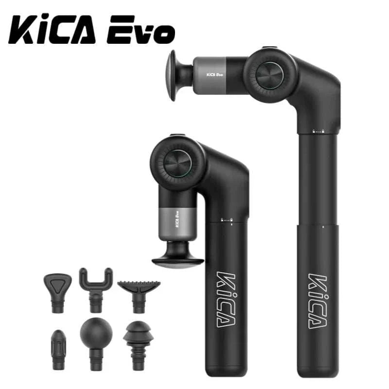 KiCA Evo portable fascia gun with adjustable L-shaped handle and six massage heads for deep tissue muscle recovery